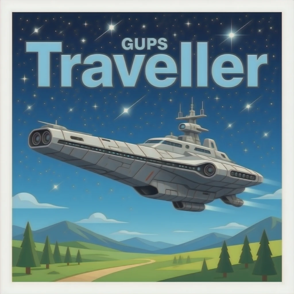 Create GURPS logo with "Traveller" on a starfield with a free trade starship in the background in a landscape format, size of 1600 x 800. emoji