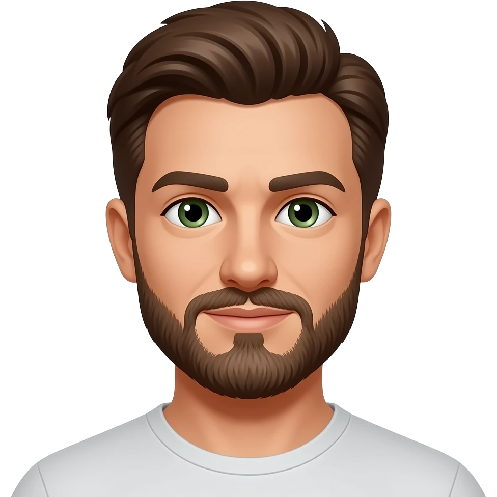 , guy white skin and brown hair, green/brown eyes, no moustache. beard and tall cute emoji style emoji