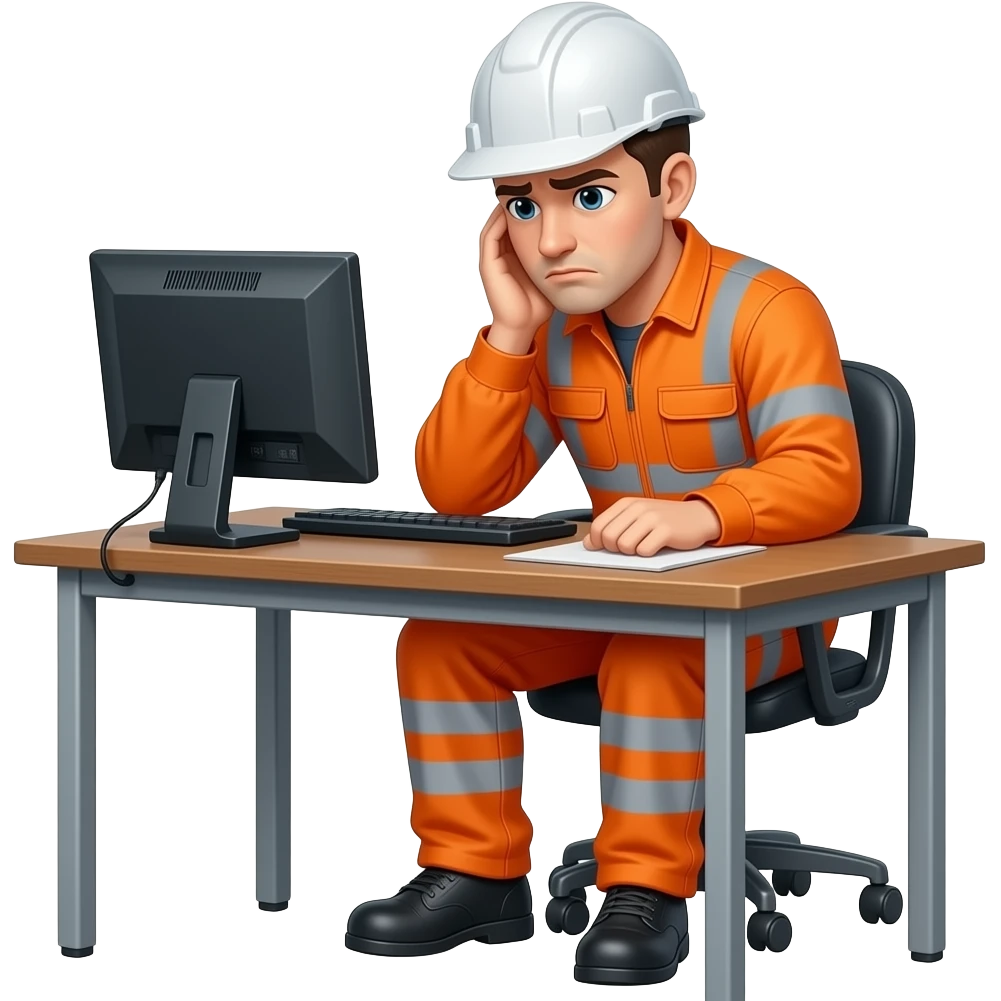 engineer sitting in full hi vis orange overalls, with head in hands, stressed emoji
