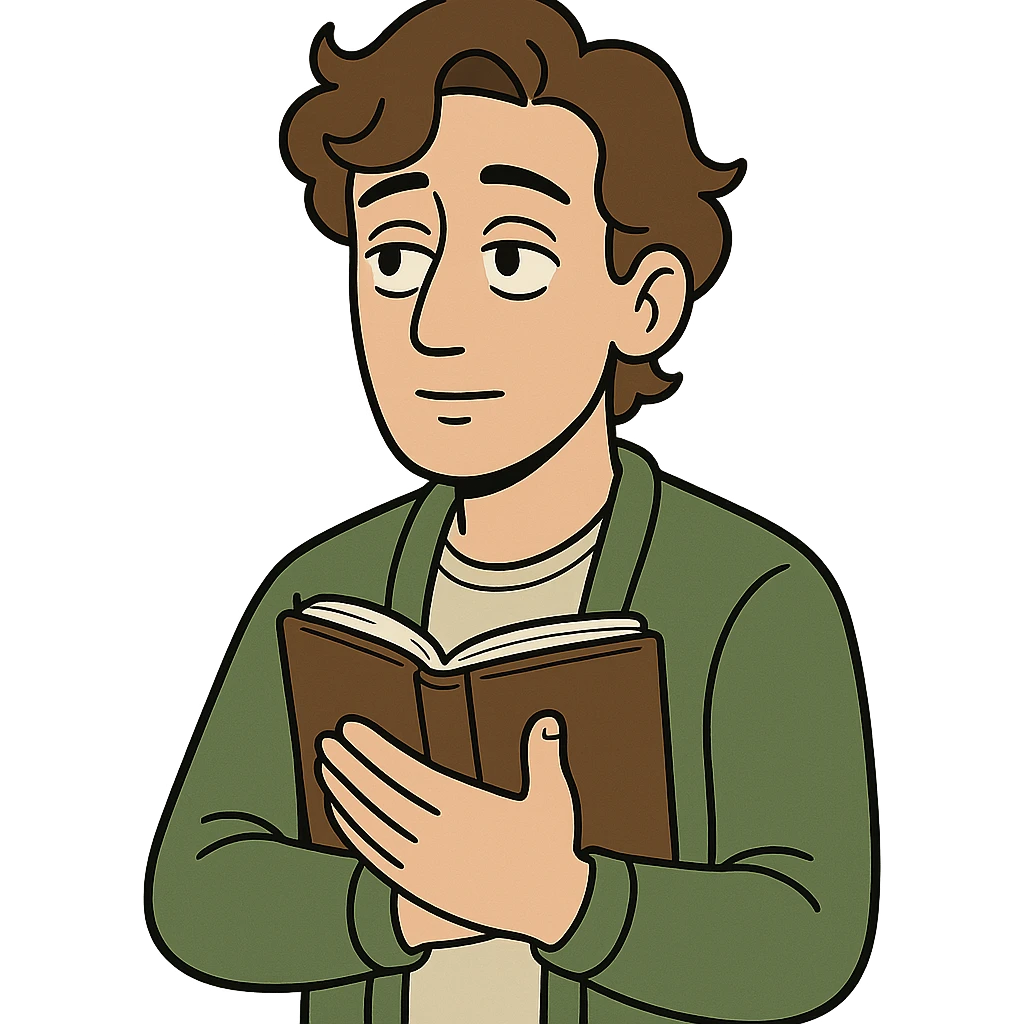 Calm and thoughtful male confidant, fair skin, soft wavy brown hair, gentle eyes, wearing a green cardigan over a light shirt, holding an open journal close to chest, waist-up, front-facing, pure background emoji