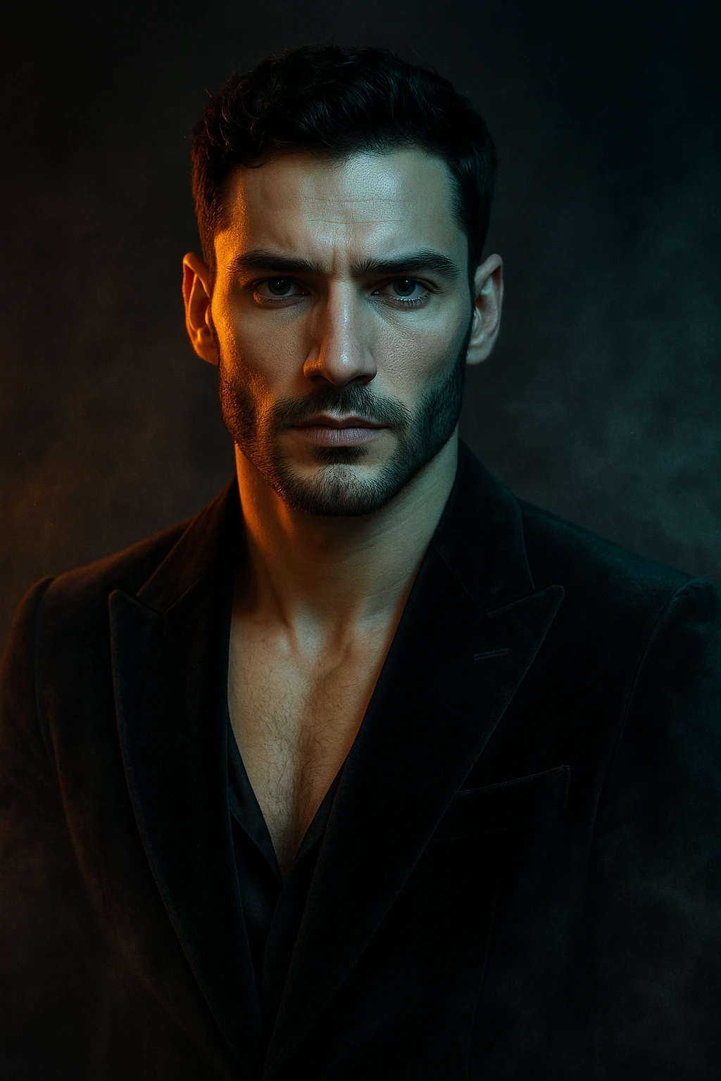 Usa questa immagine come riferimento per creare un ritratto iperrealistico e ravvicinato di un carismatico nodello maschile, ambientato in un contesto editoriale suggestivo. I volto è illuminato da fasci di luce ambrata e blU ghiaccio che contrastano tra loro, esaltando la simmetria marcata della mascella, la sottile barba incolta e uno sguardo penetrante e sicuro. I| modello indossa una giacca sartoriale scura in morbido velluto, leggermente sbottonata sul colletto. Lo sfondo sfuma in un profondo gradiente antracite con una delicata foschia cinematografica e sottili bagliori di luce. Un lieve velo di nebbia avvolge la sua silhouette, accentuando un'atmosfera sofisticata e misteriosa. L'effetto complessivo evoca un'eleganza di alta moda con un tocco moderno e malinconico, ideale per una campagna pubblicitaria di lusso o per la copertina di una prestigiosa rivista. emoji
