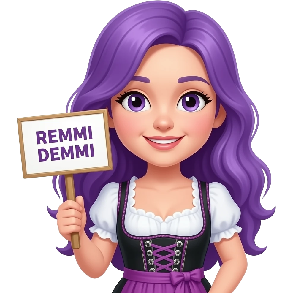 girl with long purple hair wearing a dirndl holding a REMMI DEMMI sign emoji