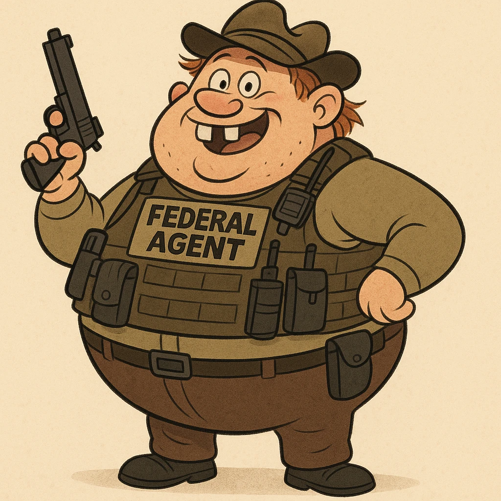 A large, round federal agent wearing a snug tactical vest, loaded with gear, with buck teeth and a silly hillbilly look, cartoonish style emoji
