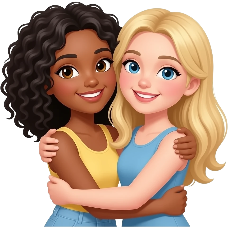 Make an emoji of a girl with tan skin and black curly shoulder length hair hugging her friend with light skin and blonde long hair emoji