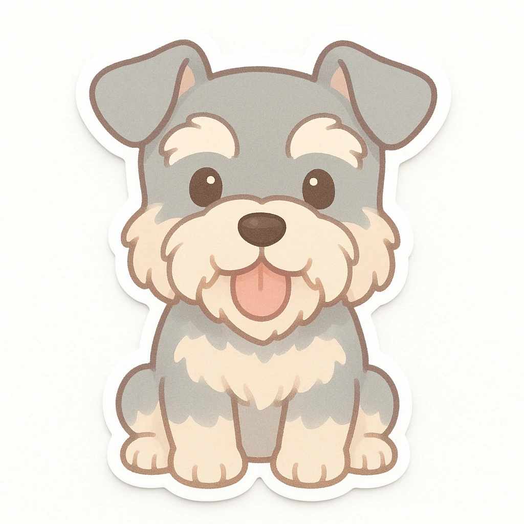 chibi sticker of a mini schnauzer, sitting, tongue out, pastel colors, white background emoji