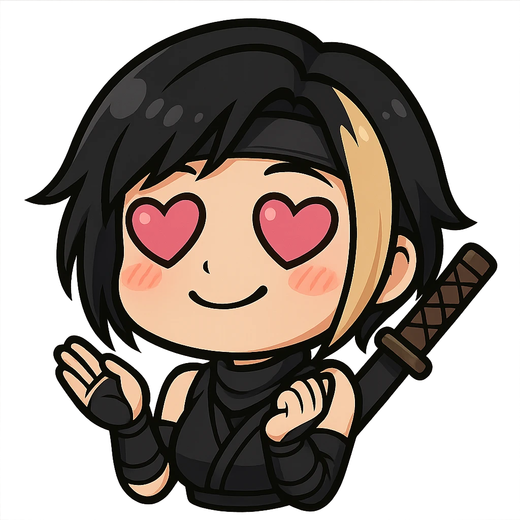 Sexy chibi ninja girl with black short hair and a blonde streak, only head and arms, colorful chibi style with bold outlines, transparent background, no mask, love expression with hearts for eyes and a dreamy smile, sized for Twitch emoji use. emoji
