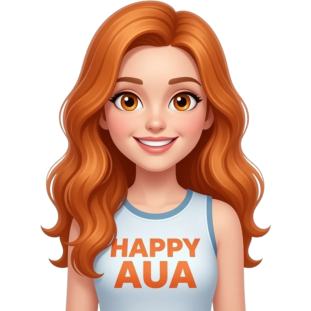 sexy girl with long ginger hair and ginger eyes a top with HAPPY AUA written on it emoji