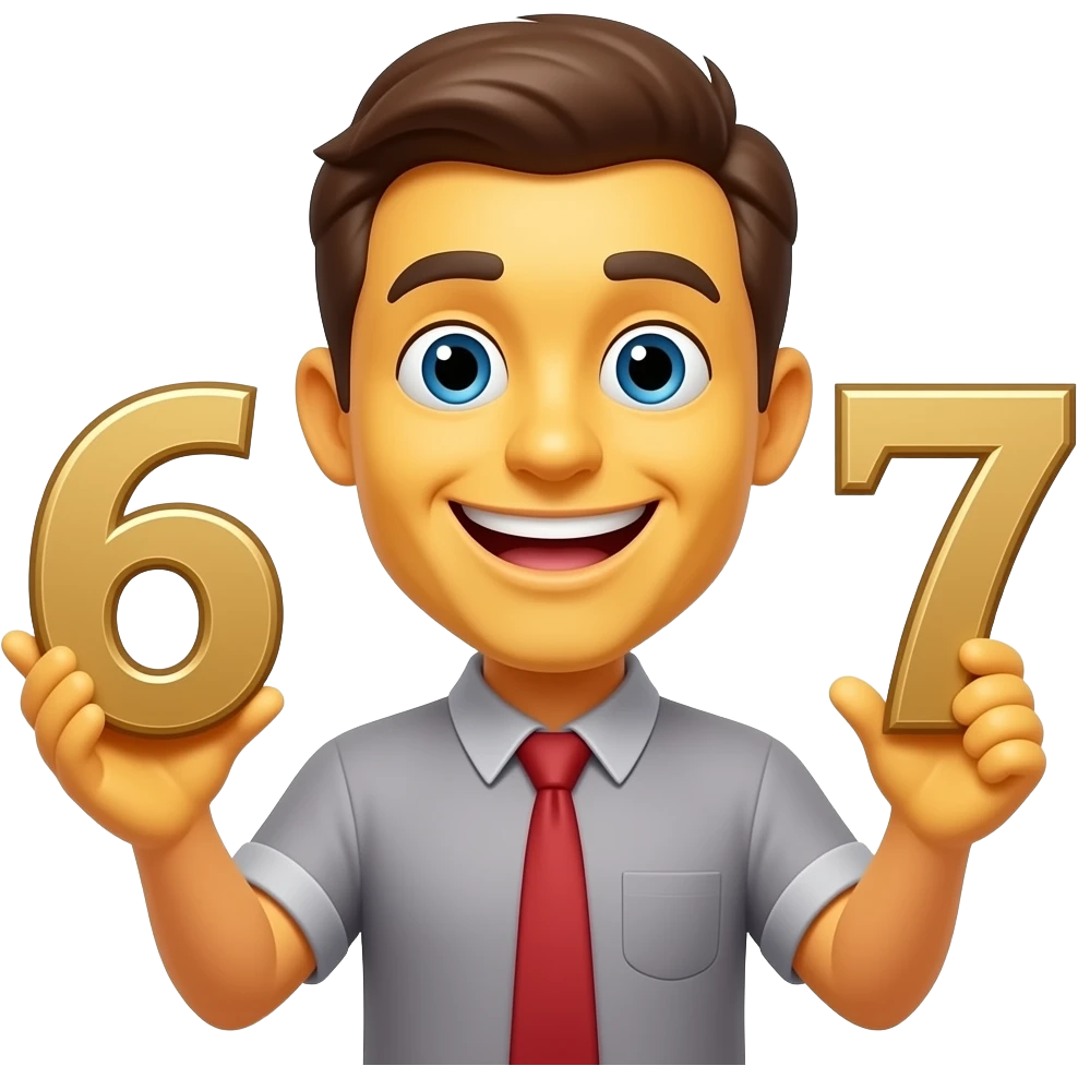 The classic yellow drunk emoji with a grinning face has two hands in front of it, with the number 6 in one hand and the number 7 in the other. The numbers are also the classic emoji numbers. emoji