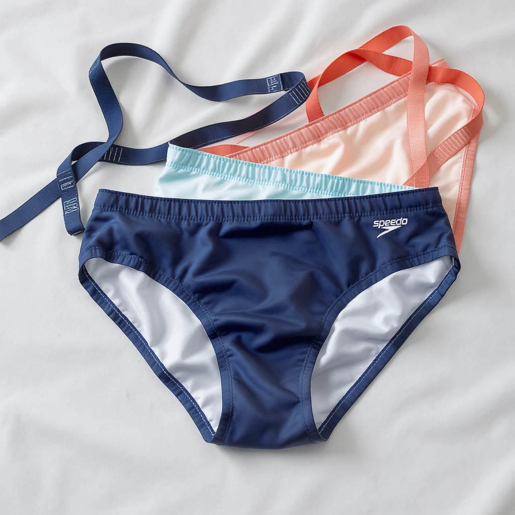 photo-realistic, highly-detailed, brightly lit icon of a men's speedo-style swim brief swimsuit, loosely strewn as if on a table, different color emoji