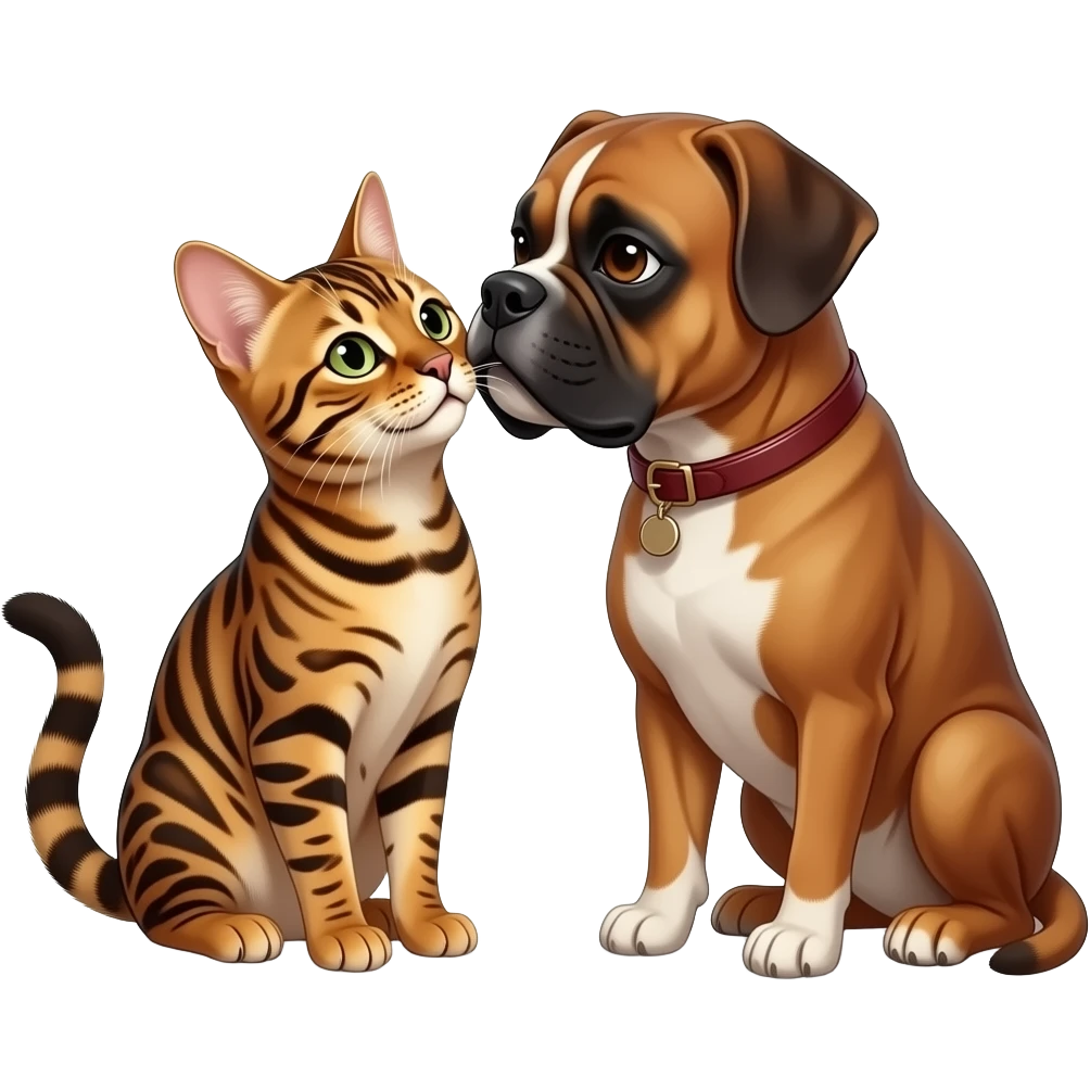 Bengal cat with a boxer dog kiss emoji