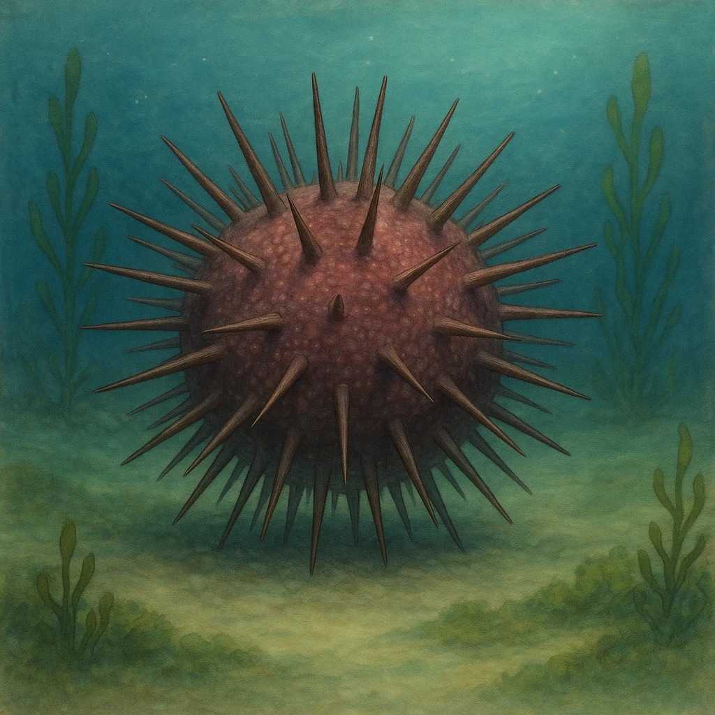 realistic sea urchin, highly detailed, natural colors, underwater, no text, ghibli style with realism emphasis emoji