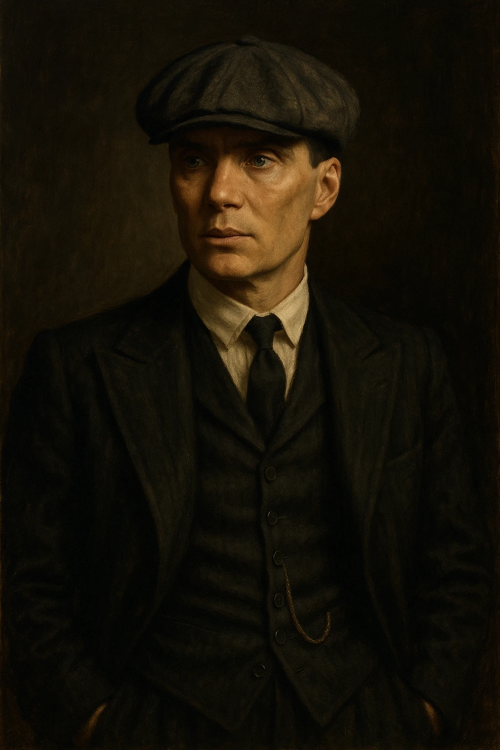 Thomas Shelby, Peaky Blinders, stylized portrait, vintage 1920s fashion, moody atmosphere emoji