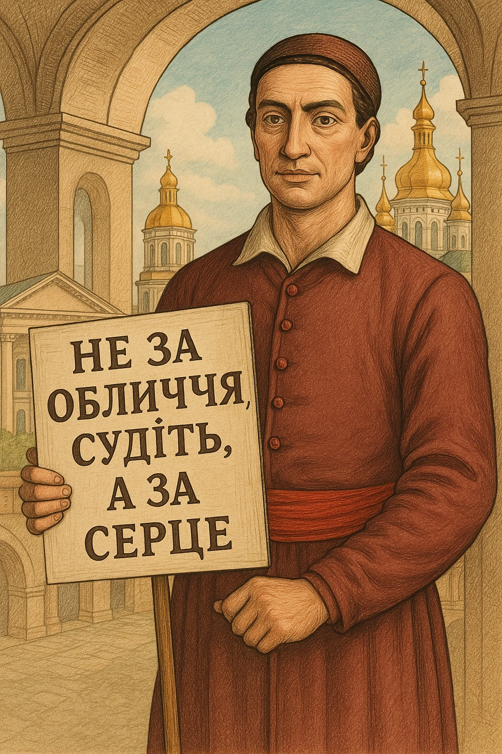 Create an illustrative style image of the character from the provided photo holding a sign with the text: "Не за обличчя судіть, а за серце". The style should be illustrative and detailed, capturing the essence of the character and the message on the sign. emoji