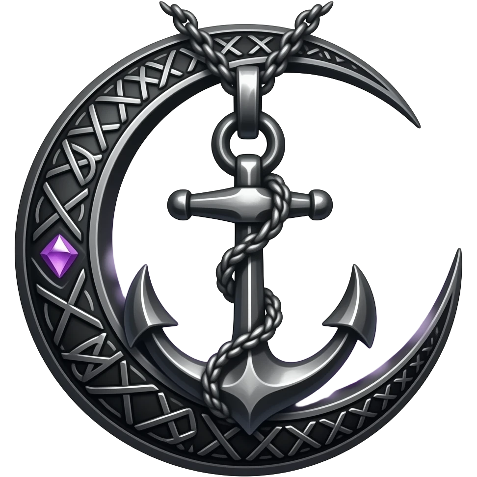 „blackened crescent‑moon and anchor pendant fused together, intricate runic engravings, small purple crystals emitting mist, moonlight reflecting on metal, ethereal atmosphere, high detail, no characters“ emoji