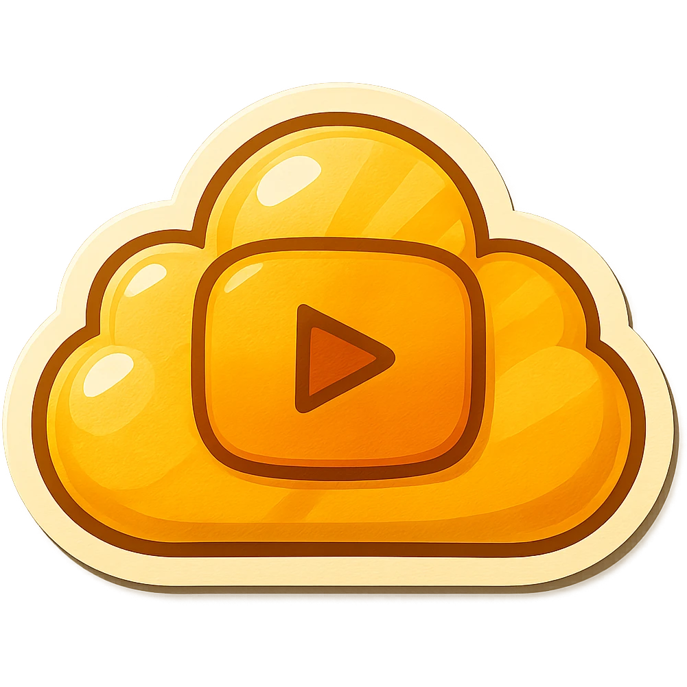A cloud with a YouTube play button symbol inside it, representing views on YouTube, in a colorful and vibrant emoji style with a yellow color scheme and a sunburst background emoji