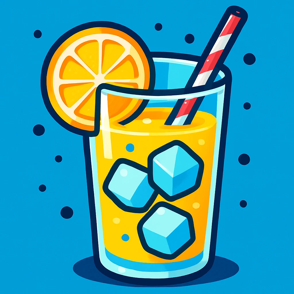 a glass of lemonade, fresh and vibrant, with ice cubes and a lemon slice, fun and appealing style, colorful and lively emoji