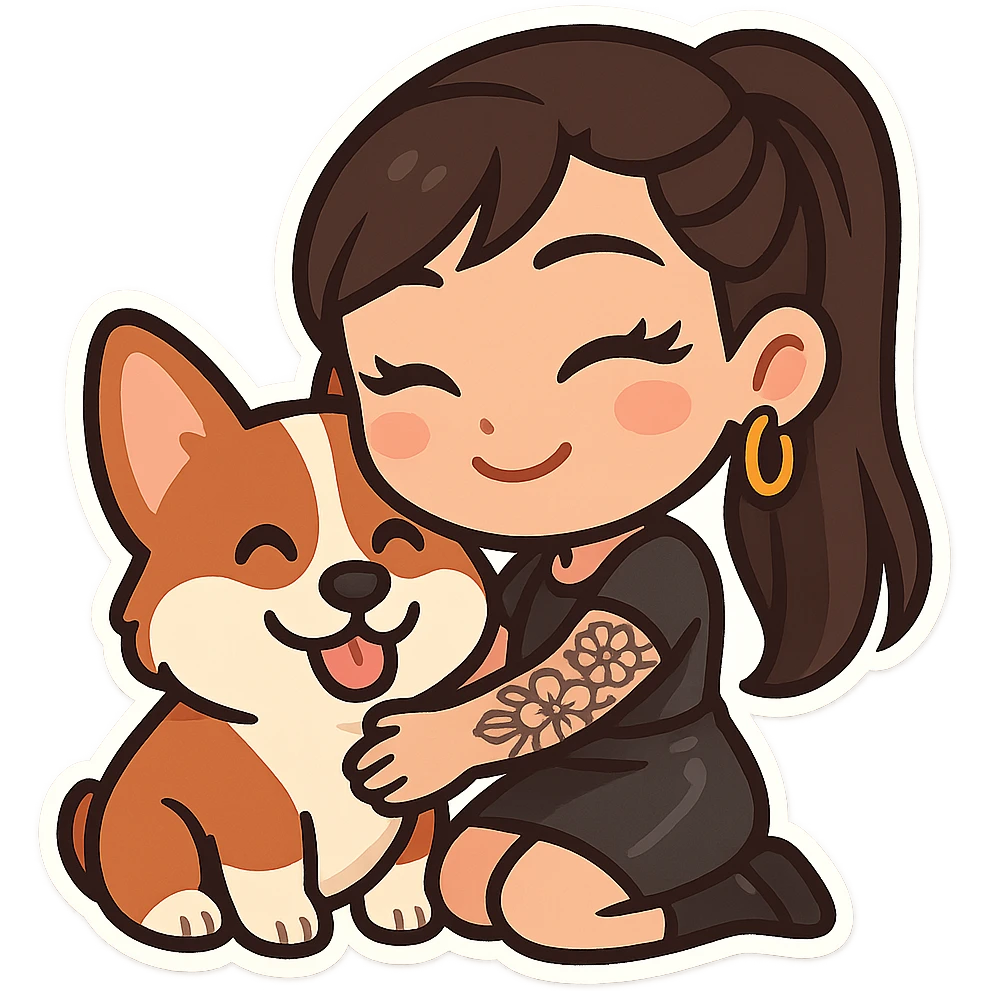 chibi sticker of an Asian girl with long hair in a ponytail, deep side bangs, black leather dress, gold hoop earrings, dramatic false lashes, and a floral 3/4 sleeve tattoo on her left arm, hugging a smiling red head tri-color corgi, simplified, emoji-like emoji