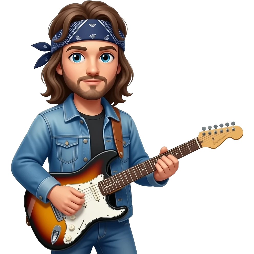 man with long hair playing electric guitar wearing a bandana and jean jacket emoji