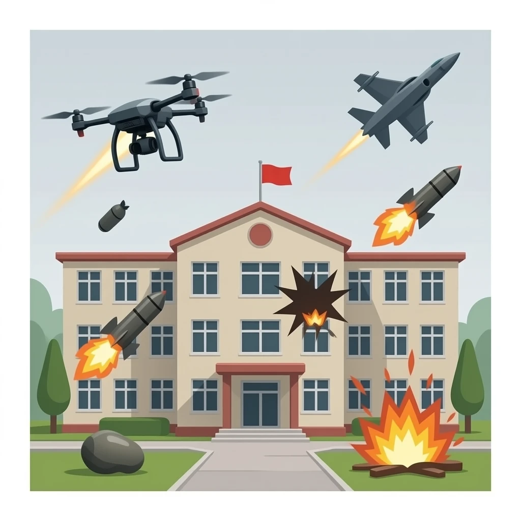 an emty school is getting bombed because of war, drones firing misles, bombs and jet everywhere emoji