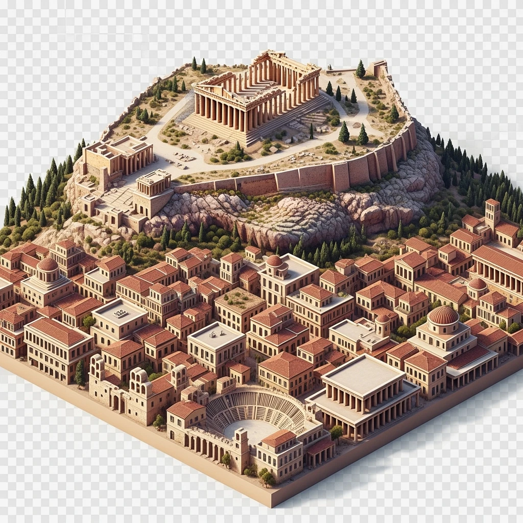 Isometric illustration of Athens, featuring the Parthenon on the Acropolis hill, highly detailed in semi-realistic style balanced between stylized and realistic, 3D miniature effect, transparent background. emoji