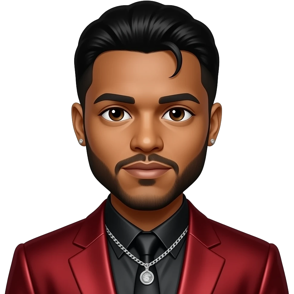 The Weeknd with dark brown eyes, black hair, black metallic shirt, red metallic suit jacket, silver necklace and short earrings emoji