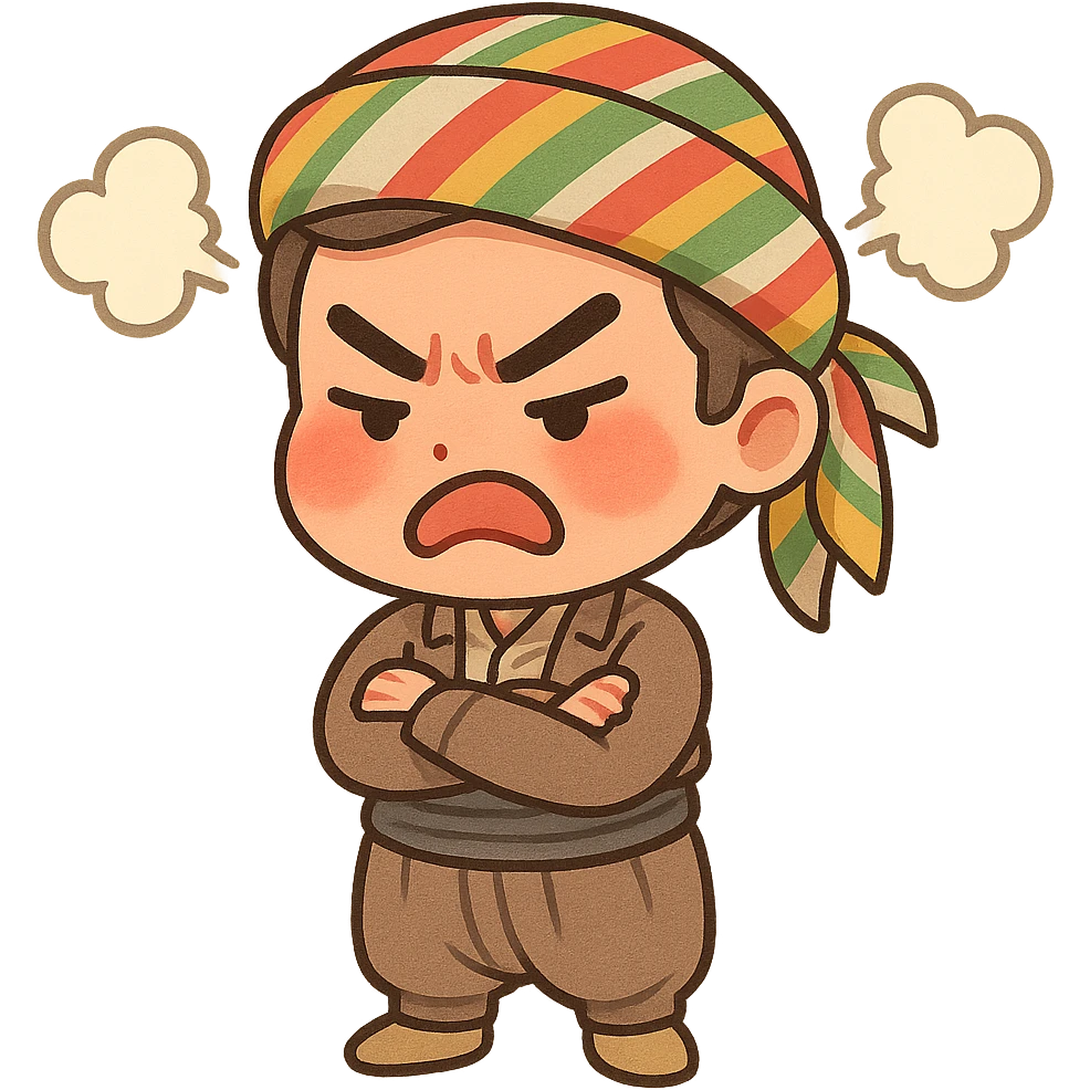 Kurdish sticker, angry mood, cartoon style, Kurdish person in traditional dress, arms crossed or frowning, steam or red cheeks, no text, suitable for messaging apps emoji