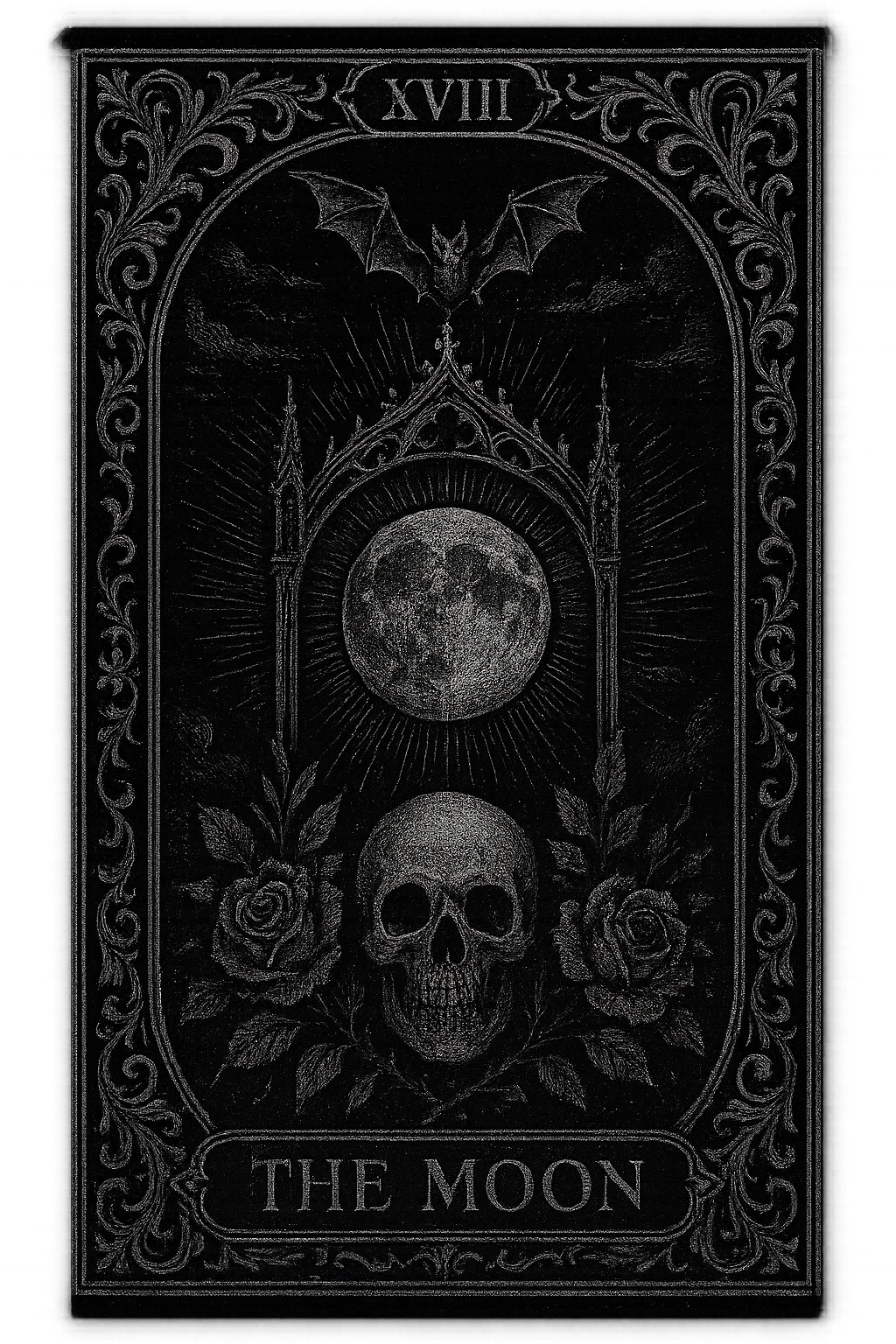 gothic tarot card, black and silver, intricate and mysterious, no background emoji