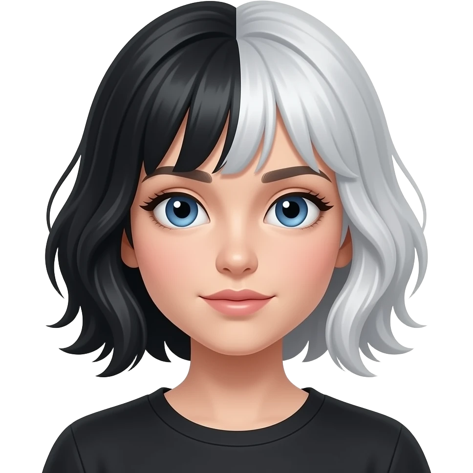 The classique emoji with half black half platinium hair, the black on top and platinium underneath, light skin and blue eyes fliping her hair emoji
