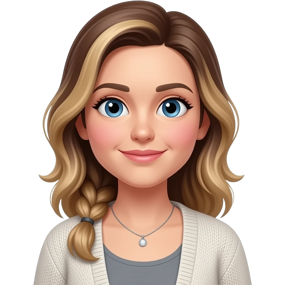 pink cheeks, smaller Blue eyes, light skin, longer brown/blond balage hair pony tail 37 aged women, cardigan, grey top,small necklace emoji