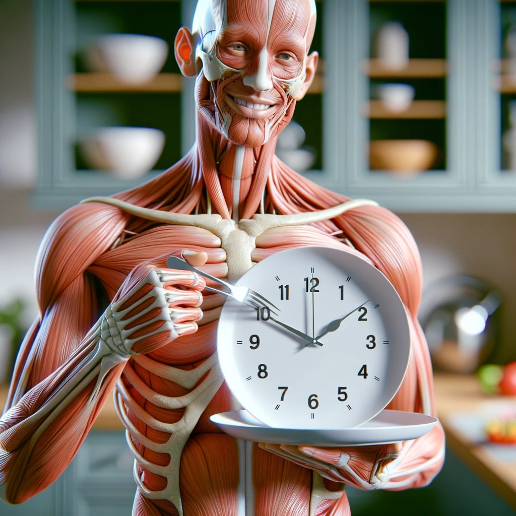 corpo umano anatomico, che tiene in mano un piatto bianco con la lancette di un orologio sopra, figura visibile fino ai fianchi, espressione del volto soddisfatta, sullo sfondo la sua cucina sfocata, iperrealistico 4k emoji