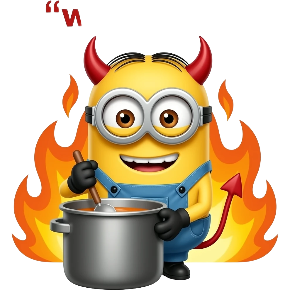 Text BOHICA minion stirring the pot with devil horns with flames in the back ground text top war on pot emoji