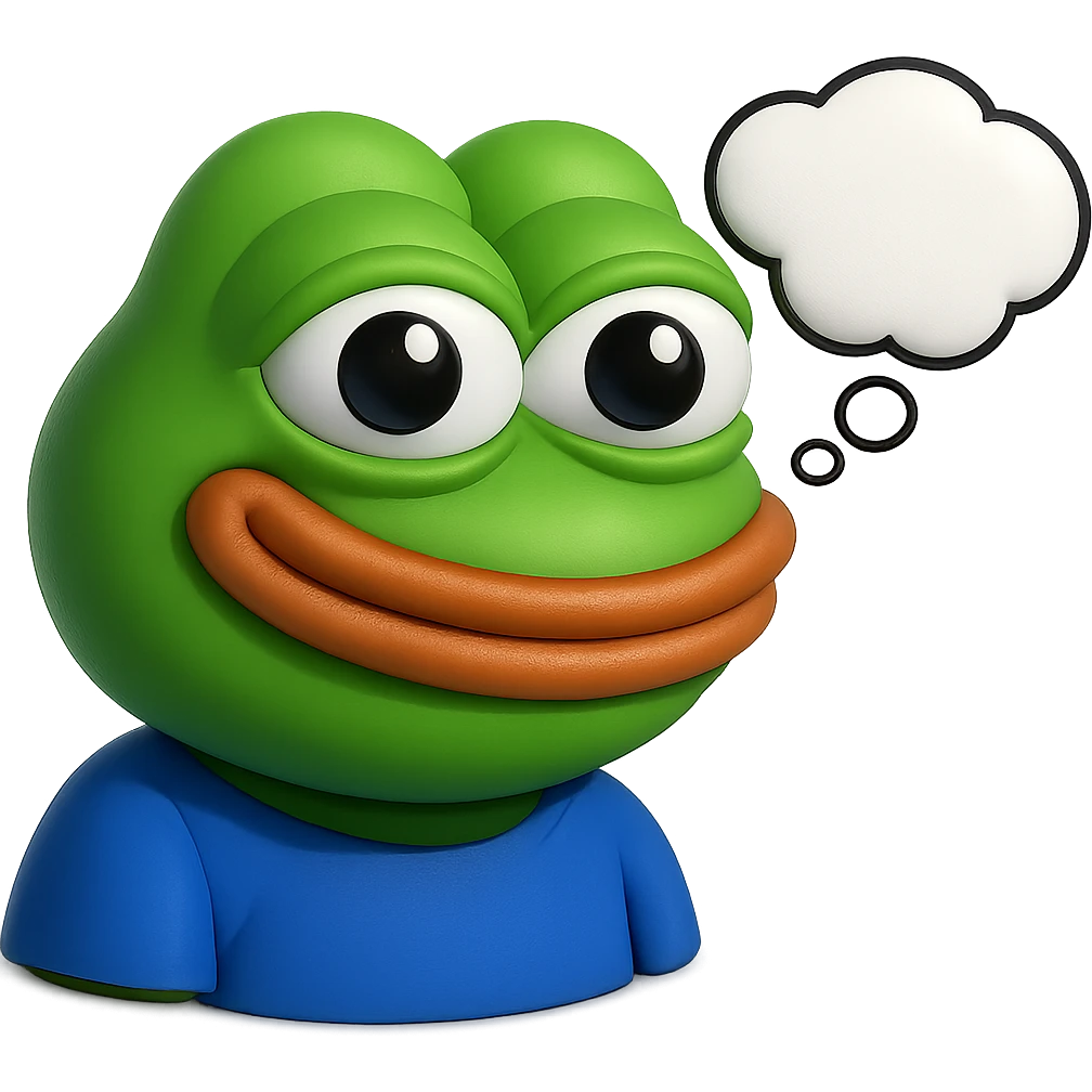 make a pepe in bright green smiling and looking straight at the camera with thought bubble looking at right right in 3d style, good highlights and shadows, drop shadows emoji