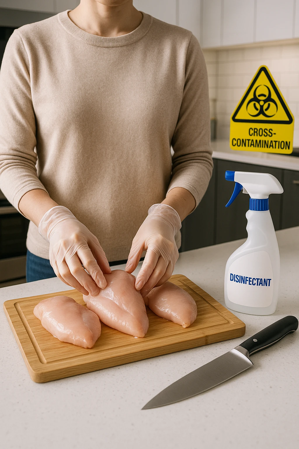 a person in a modern kitchen handles raw chicken breasts on a cutting board, wearing disposable gloves. Nearby, a bottle of disinfectant spray, a separate knife for vegetables, and a warning sign about cross-contamination are clearly visible. The mood is educational, emphasizing safe food handling. emoji