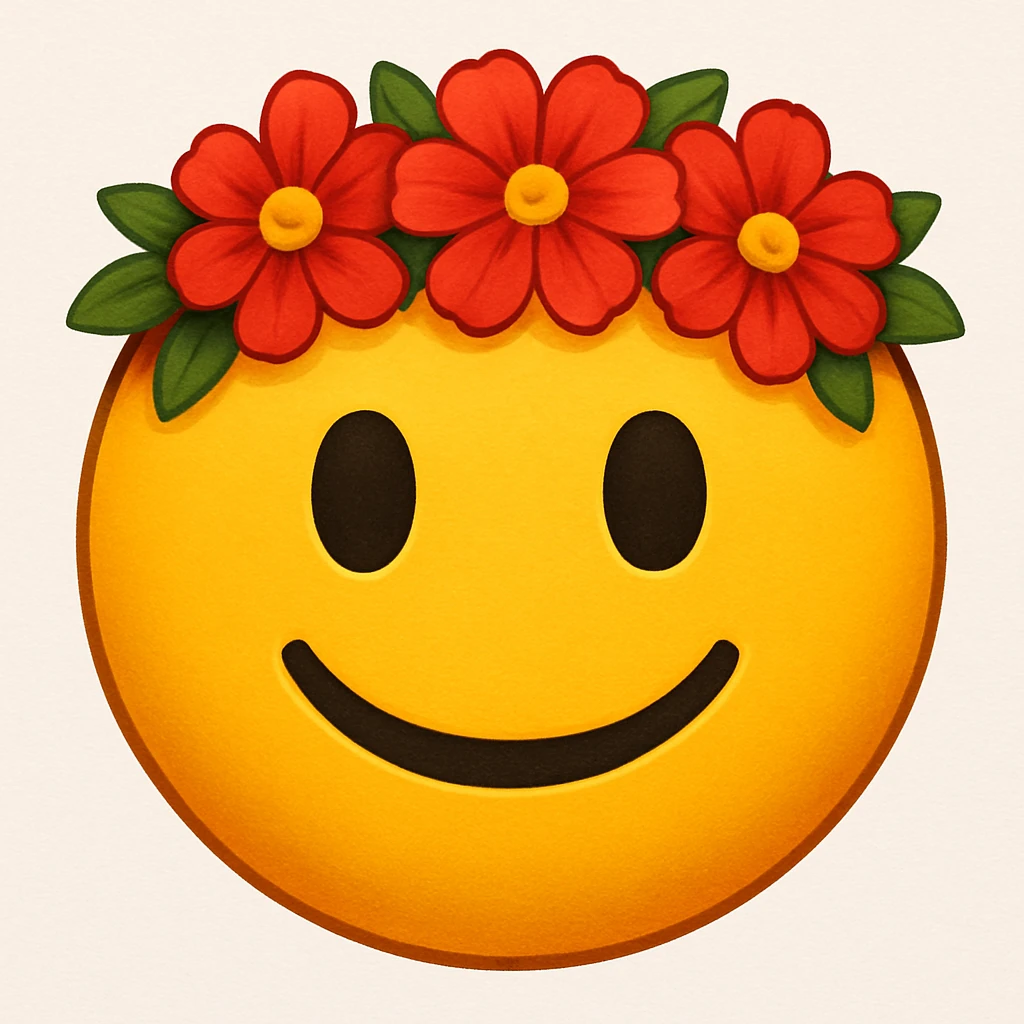 yellow face with red flower crown emoji, digital illustration emoji