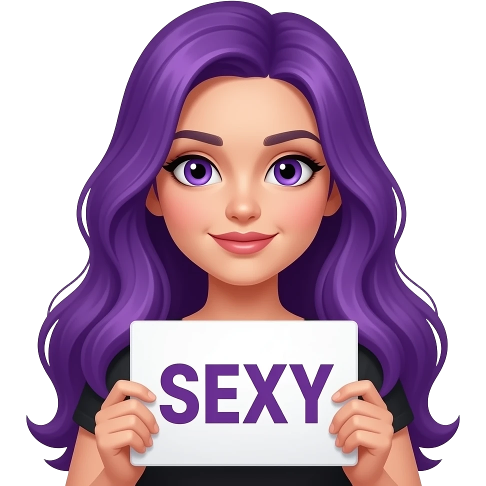 sexy girl with long purple hair and purple eyes holding a SEXY sign emoji