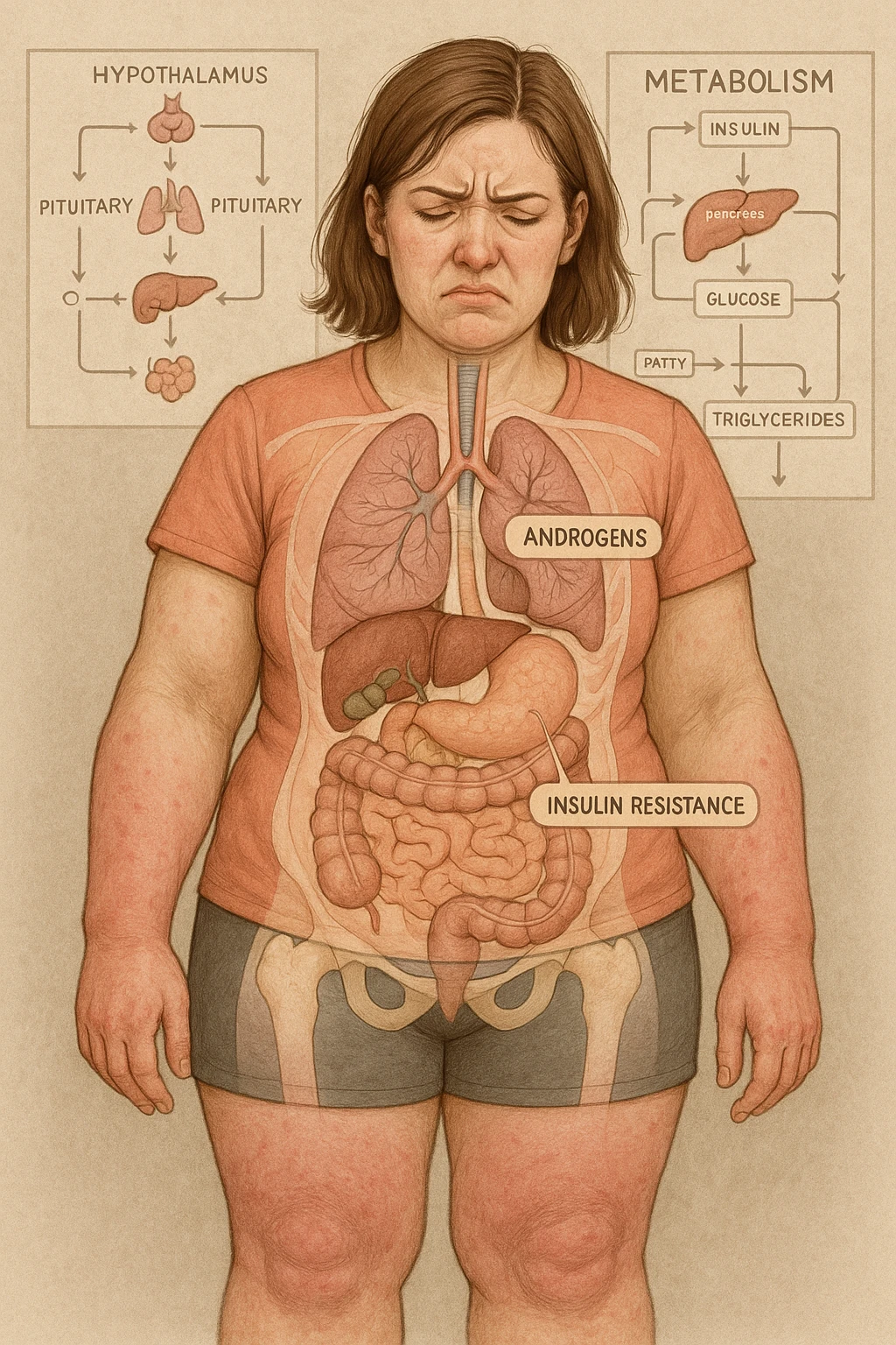 Woman with PCOS struggling with hormonal chaos, transparent overlay showing elevated androgens and insulin resistance affecting her body, lipedema causing disproportionate fat accumulation in legs and arms despite normal torso, expression of frustration with unexplained weight gain, medical charts showing complex endocrine dysfunction, painful swollen limbs contrasting with metabolic confusion emoji