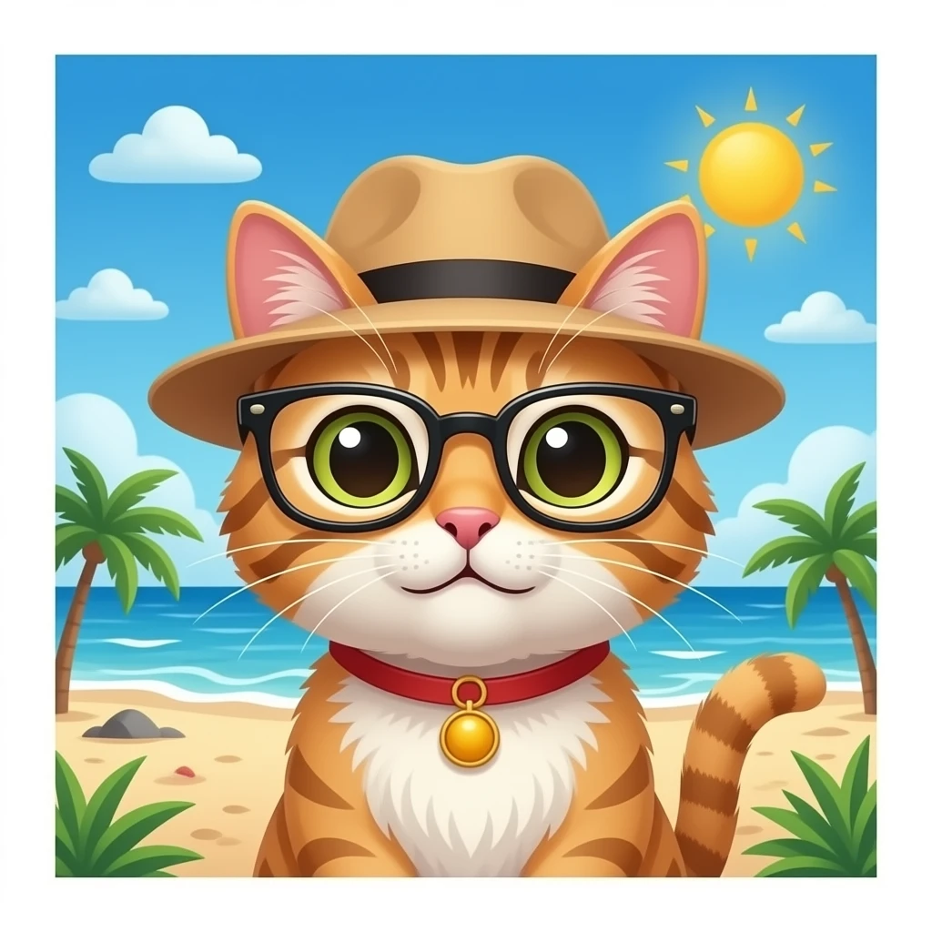 Gato con gafas y gorra en la playa emoji