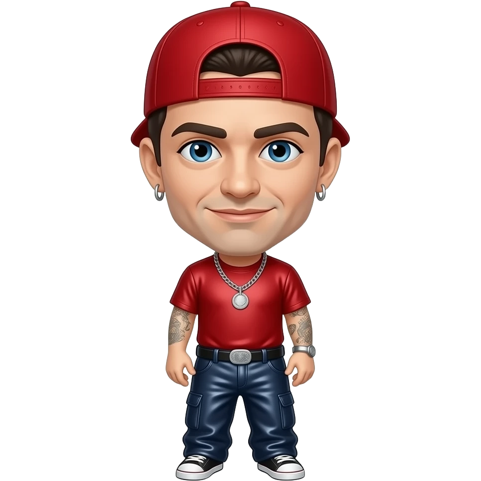 Fred Durst with blue eyes, dark brown short hair, red cap, red metallic t-shirt, dark blue metallic baggy pants, silver necklace and earrings emoji