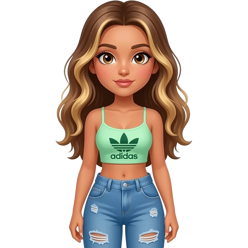 preppy teenage girl, tan, blonde highlights, brown long hair, long eyelashes, beach aesthetic, wearing cute clothes, sexy, wearing ripped blue long baggy jeans with a pastel green revealing crop top, wearing Somba Adidas emoji