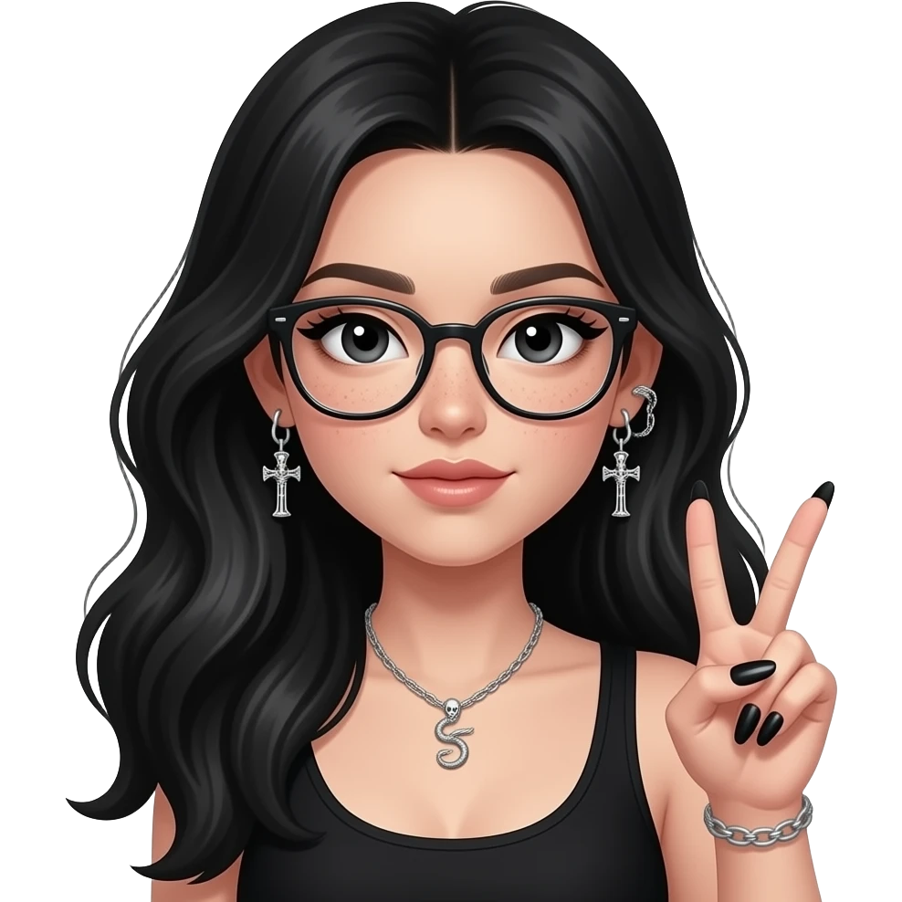 Pale Girl in black, sitting (upper body), long voluminous hair, black eyes with light eyeliner, glasses, subtle freckles. Helix-to-lobe chain earrings with skeleton cross details, small silver snake necklace. Holding a peace sign, long black and silver nails with detailed designs emoji