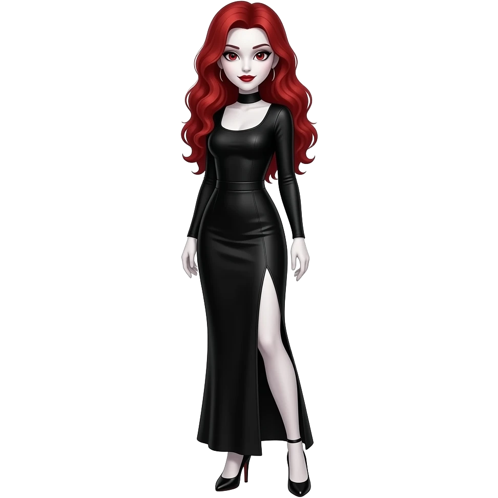 Vampiro femmina con pelle bianca e capelli lunghi rossi ondulati con una gonna lunga nera e un top attillante nero con maniche lunghe, tacchia alti emoji