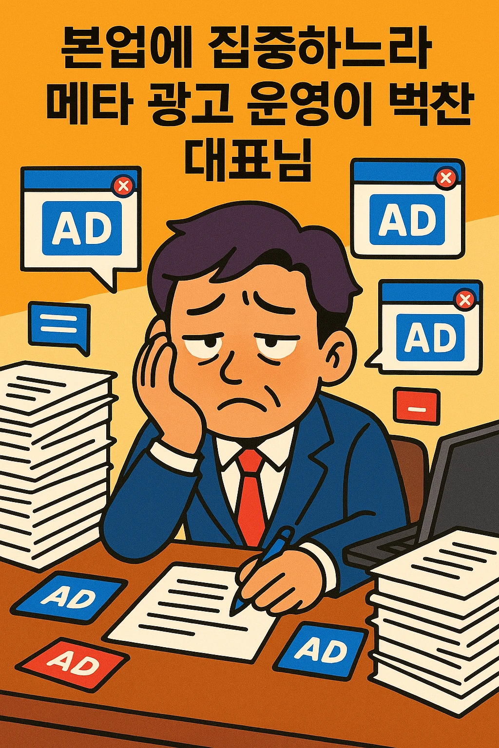 A cartoon of a Korean CEO at a desk, buried in paperwork and digital ad notifications, looking tired, in a vibrant toon style, Korean text: '본업에 집중하느라 메타 광고 운영이 벅찬 대표님', simple background emoji