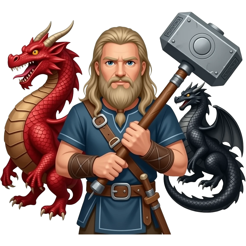 un viking aux cheveux long et une barbe moyenne argenté avec un marteau à deux main sur lequel repose ses deux mains. Ce viking est entre deux dragons, l'un est rouge et l'autre est noir . emoji