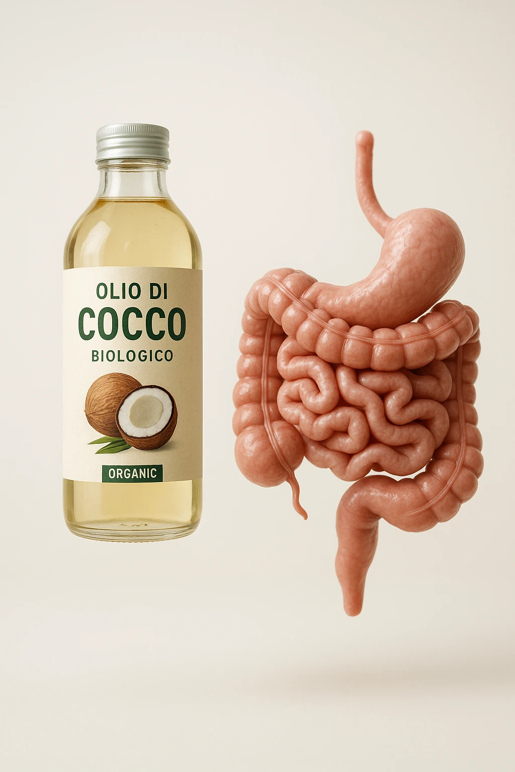 BOCCETTA DI OLIO DI COCCO BIOLOGICO (FAI UN ETICHETTA SUL PRODOTTO IN ITALIANO) CHE FLUTTUA IN ARIA INSIEME A UN INTESTINO UMANO ANATOMICO IN PERFETTA SALUTE, SFONDO CHIARO, iperrealistico 4k emoji
