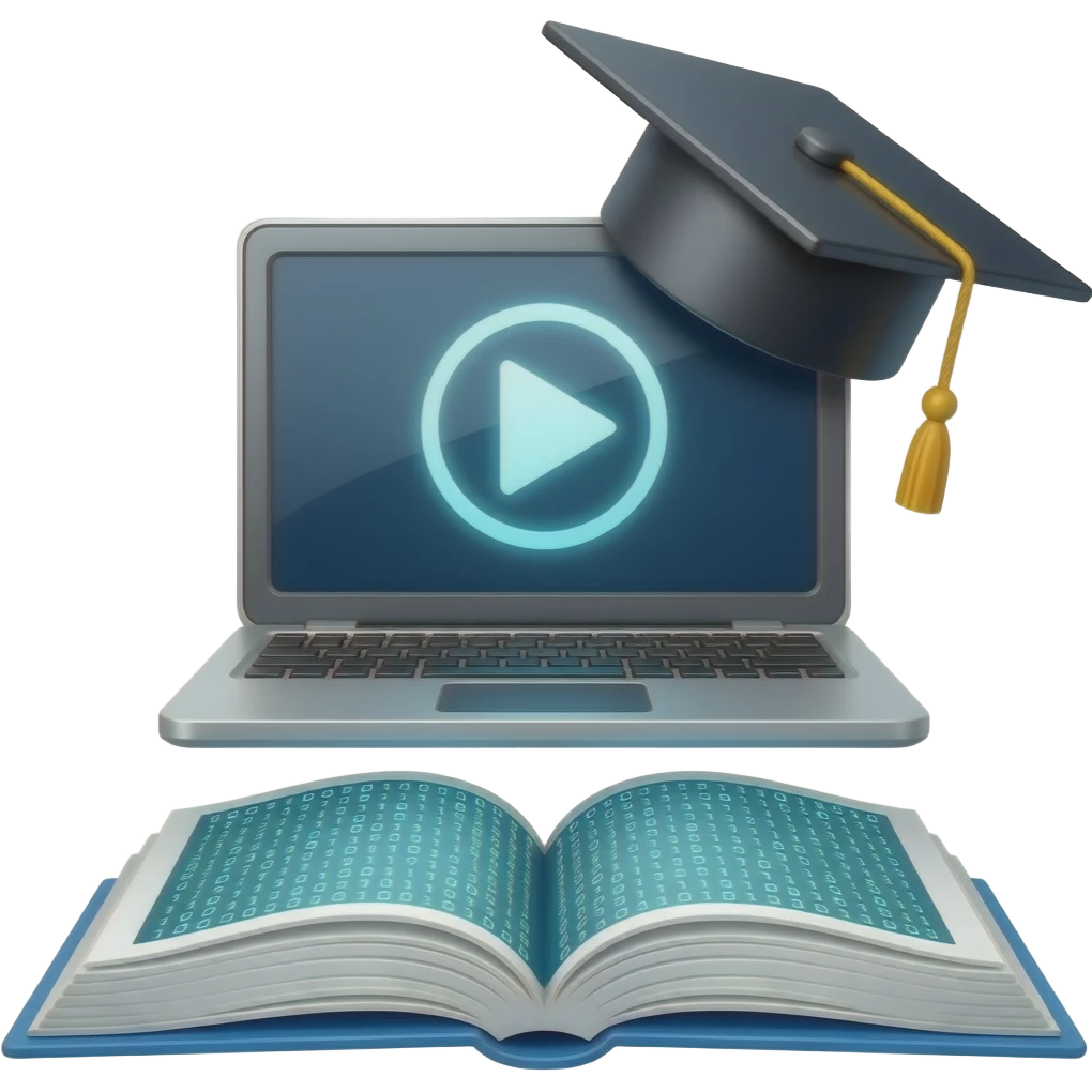 3D icon, online course. Stylized laptop or monitor with a glowing play button on screen. Floating graduation cap above the screen. Open book transforming into digital code below.Clean white background. Minimalist, corporate style emoji