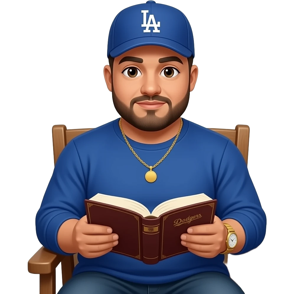 Chubby man with light honey skin tone and lightly shaved black beard wearing a blue Los Angeles Dodgers logo baseball cap wearing a long sleeve blue shirt wearing a gold tennis necklace and a gold wrist watch reading the Bible emoji