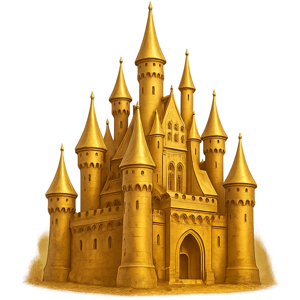 В cлегка рисованной, но при этом объемной и яркой стилистике сгенерируй картинку фотореалистичного золотого замка, прозрачный фон emoji