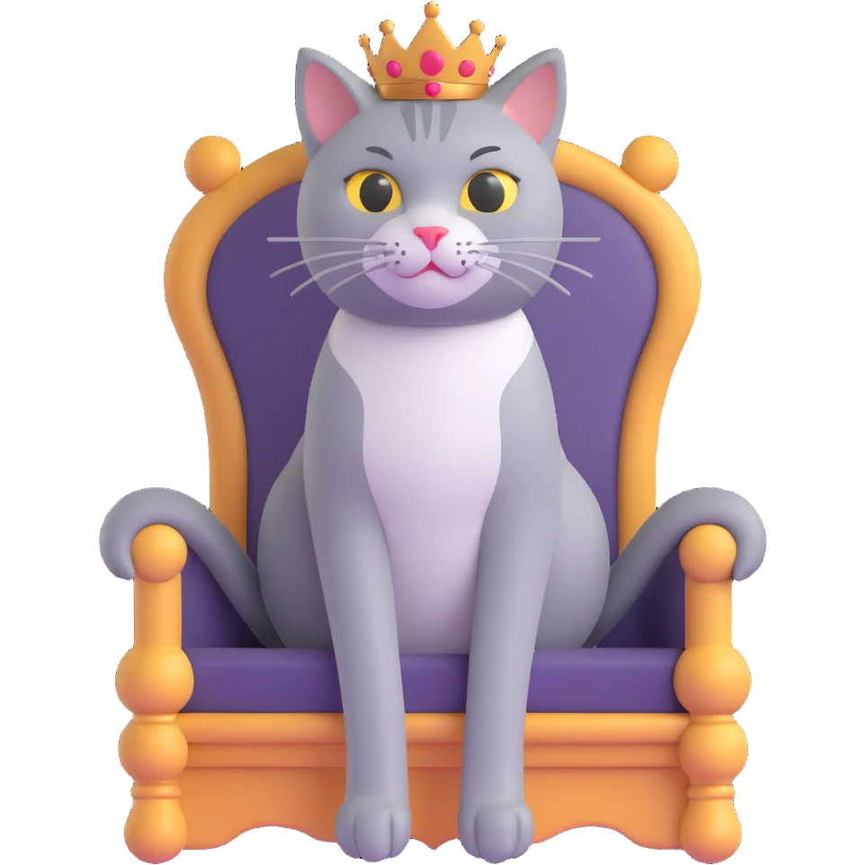 A gray cat with a black nose sitting on a throne looking at the world with disgust emoji