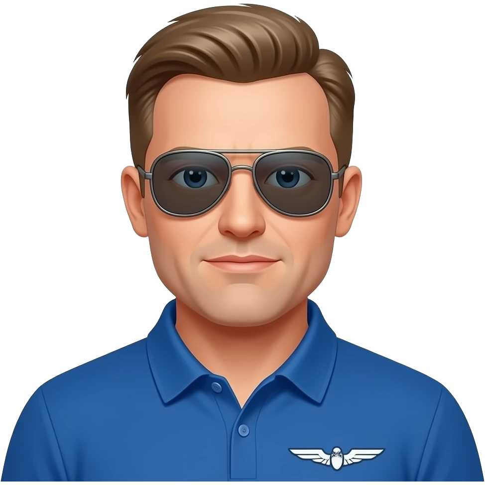 Adult man, 40 years old, fair skin, slightly strong/light-blond complexion (face slightly rounded, not overweight), short hair with shorter sides, hair between blond and dark brown, serious and calm expression, flight instructor, may be wearing aviator sunglasses, blue polo shirt. emoji