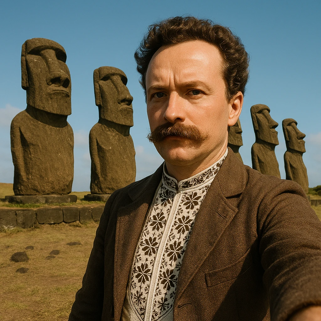 taks a selfie in front of statues on Easter Island emoji